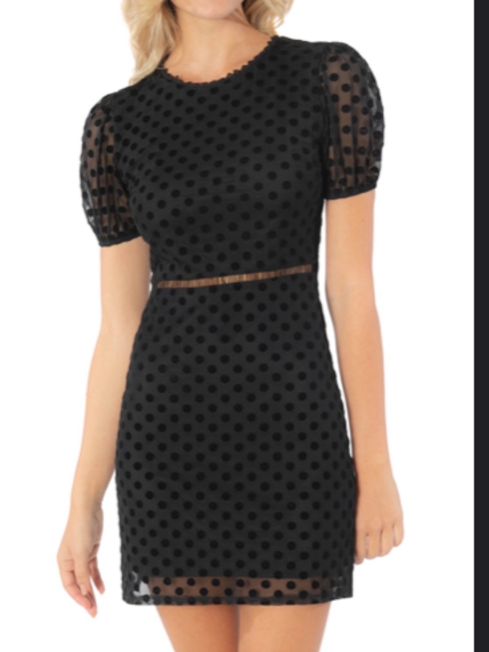Speechless Puff Sleeve Polka Dot Mesh Mini Dress Black M